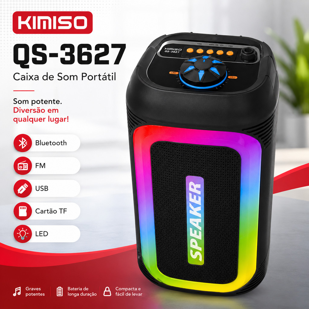 Caixa de Som Bluetooth KIMISO QS-3627 Karaoke 2000W PMPO TWS LED Portátil Multimídia