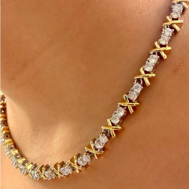 Colar minimalista, estilo luxo leve, elegante colar de diamantes em dois tons, acessório de vestido feminino AC7D ZNLX