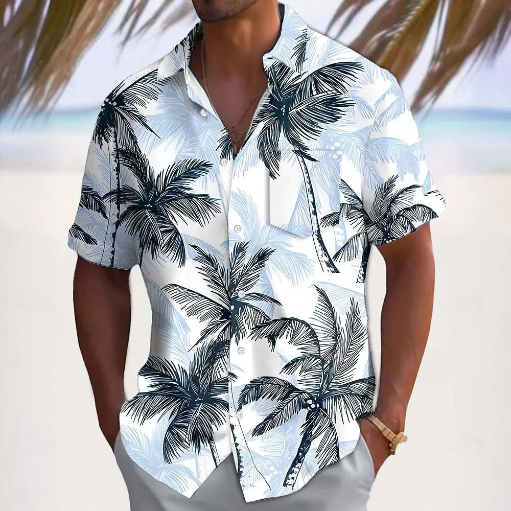 2026 Moda Masculina Coqueiro Plantas Tropicais Verão Camisa Havaiana Botão Acima Aloha Manga Curta Frente Um Bolso OEPB