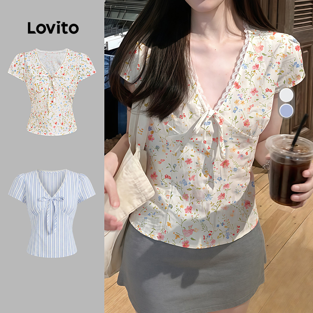 Lovito Casual Blusa Com Laço E Cadarço Levemente Transparente Primavera/verão Pa