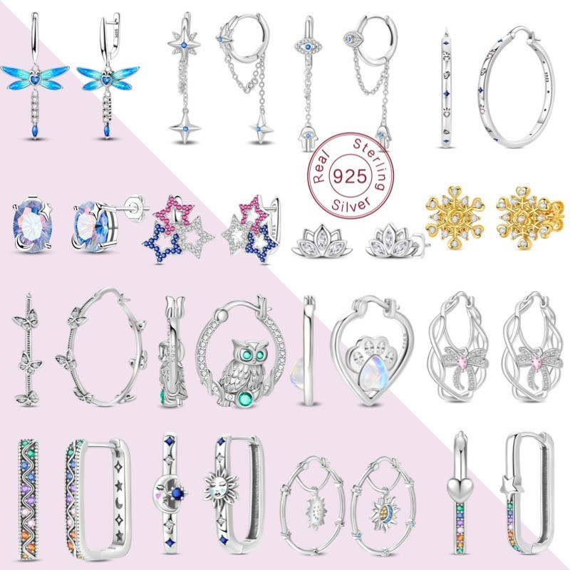 Novos brincos de prata esterlina 925, incrustados com zircônia roxa, com designs de flores e borboletas, um presente par