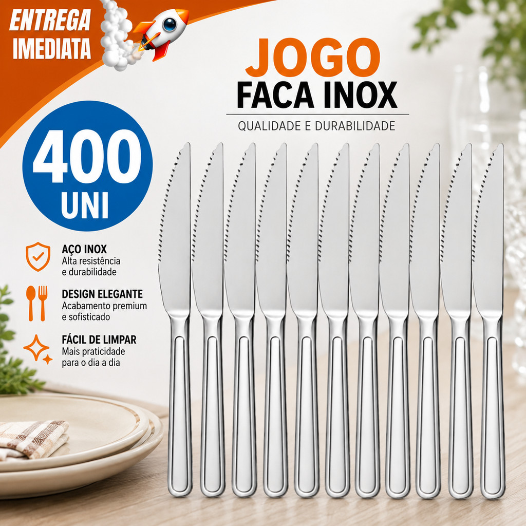 Kit 400/200/100 Facas Inox Grande Luxo Para Churrasco Cozinha Restaurante Buffet Hotel Uso Profissional e Residencial