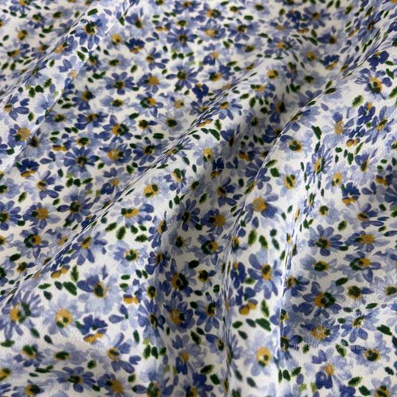 Jinhongfu tecido de seda vestido de praia camisa tecido jato de tinta fosco largo 03 Crepe duplo azul pequeno Floral