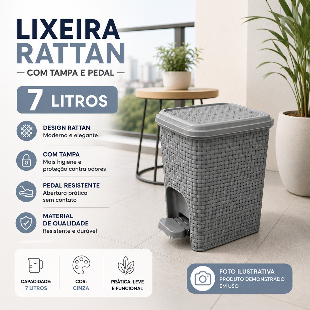 Lixeira Cesto Com Tampa 7l Rattan Tampa Pedal  Plástico Arqplast Escritório Cozinha Banheiro