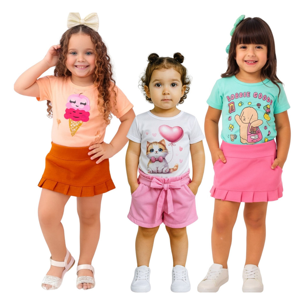 Kit 6 Peças Conjunto Infantil Menina 3 Blusas+3 Shorts Verão