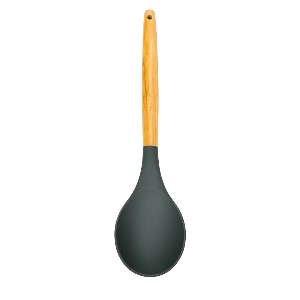 Colher de Silicone com Cabo de Madeira Cinza Utensilios de Cozinha para Servir Arroz Anti Aderente