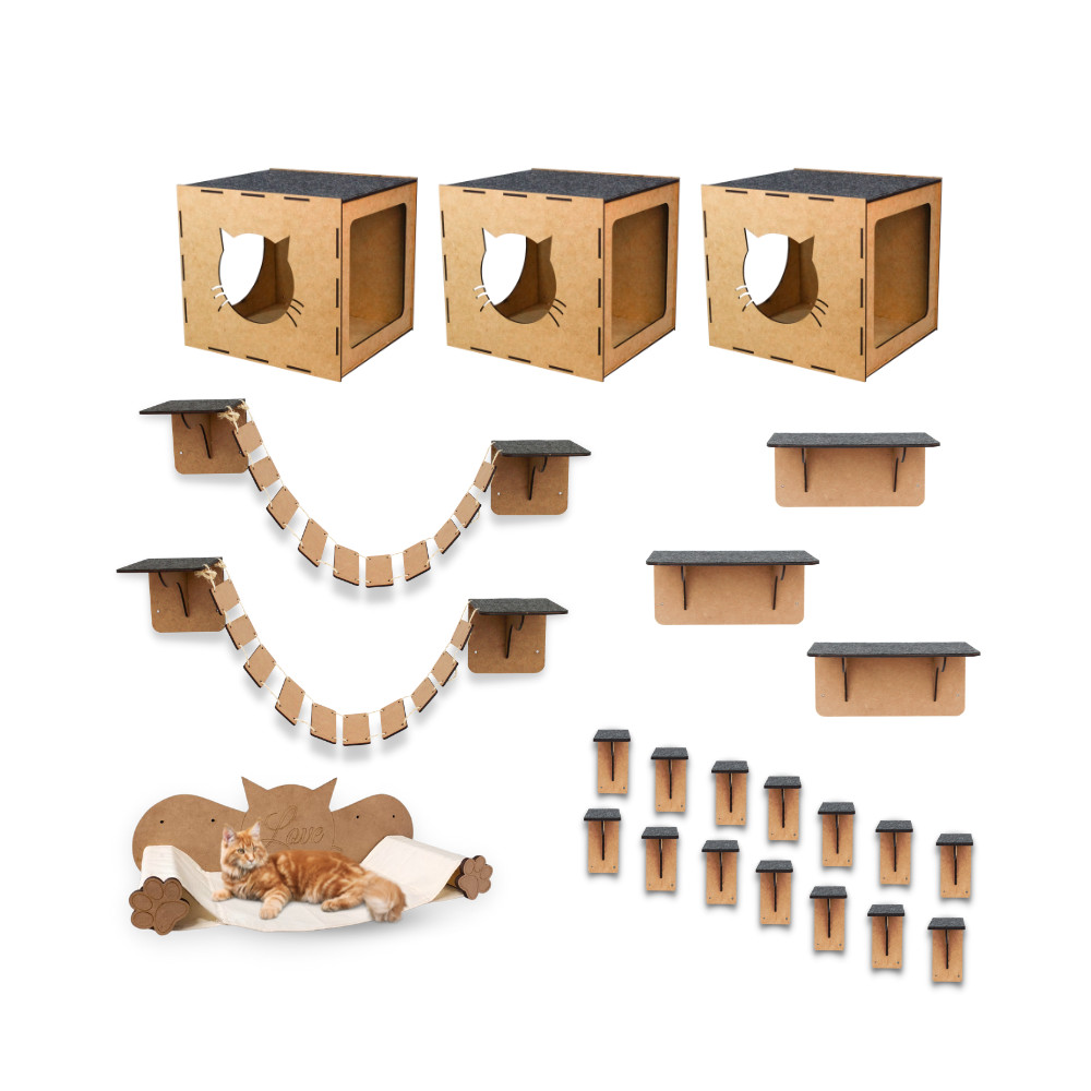 Playground Gatos 23pçs Kit Completo Brinquedo Prateleiras Nichos Rede Escadinha Circuito com Carpete