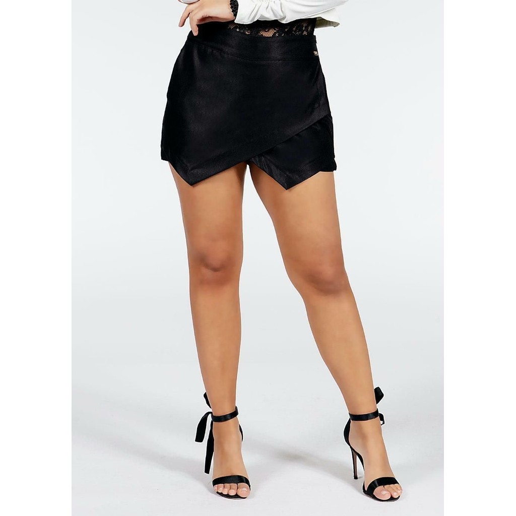Short Saia Assimétrico Preto Leve Quintess em Oferta na Shopee