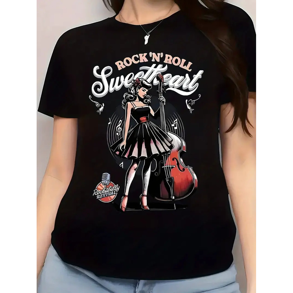 Camiseta Feminina de Rock 'n' Roll com Estampa de Coração - Design Vintage Rockabilly com Música e Violoncelo