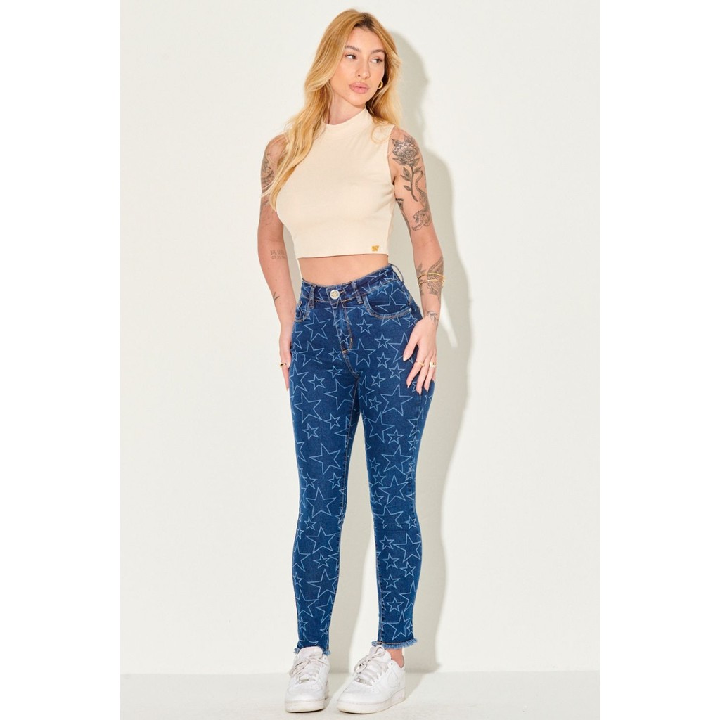 Calça Jeans Feminina Skinny Estrela Vazada Planet Girls Jeans Médio