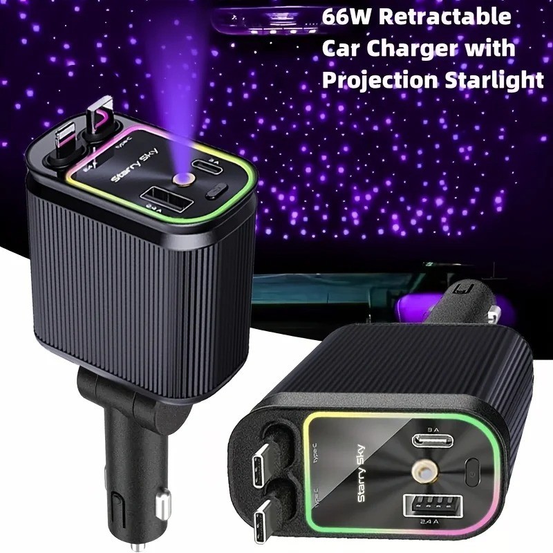 Carregador de carro retrátil com luz LED, carregador de carro rápido 4 em 1 de 120 W para iPhone e Android