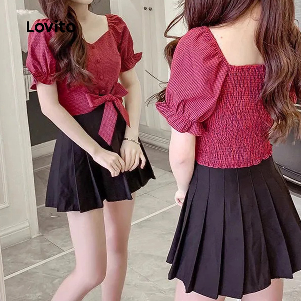 Detalhes do Lovito Blusa Casual com Laço Na Frente para Primavera/verão Blusa Vermelha Rosada para Mulheres L143ED498