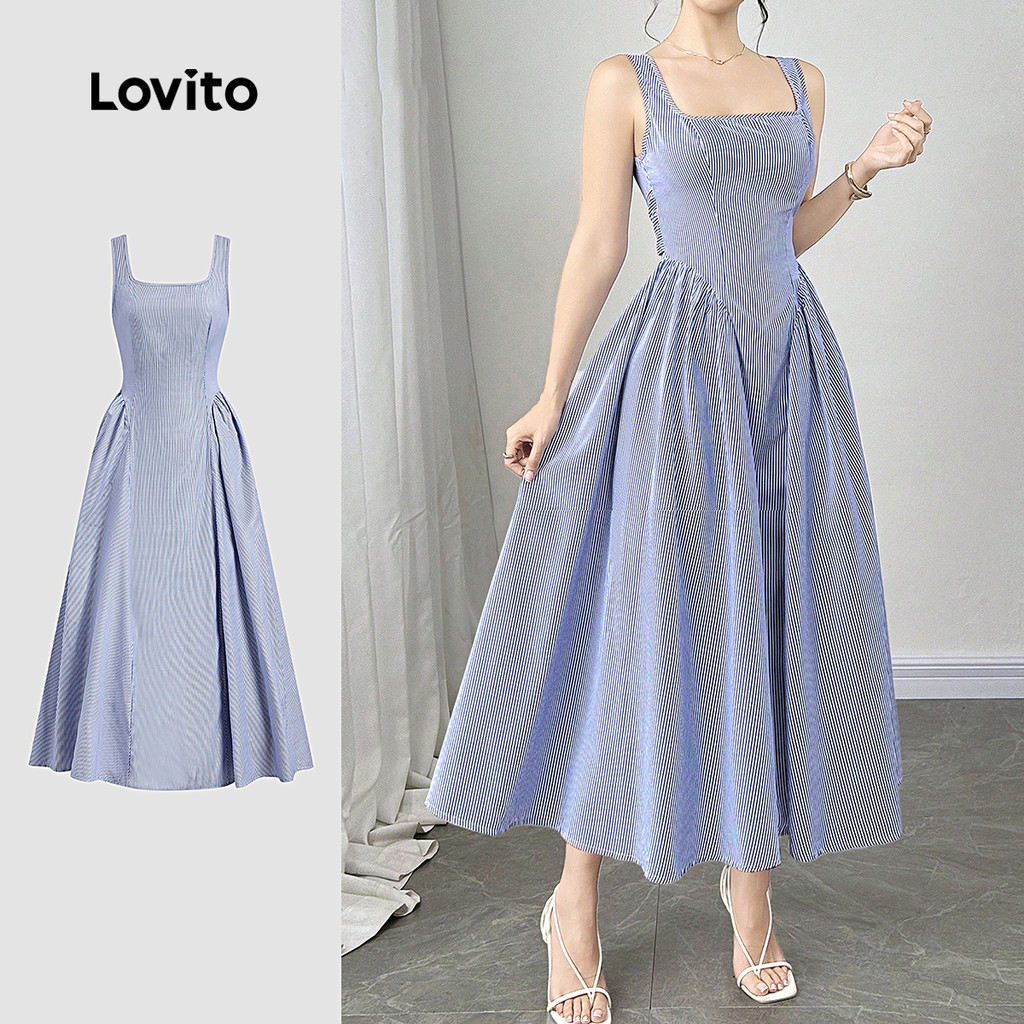 Lovito Vestido Elegante com Laço Nas Costas para Primavera/verão Azul para Mulheres L149LD324 em Oferta na Shopee