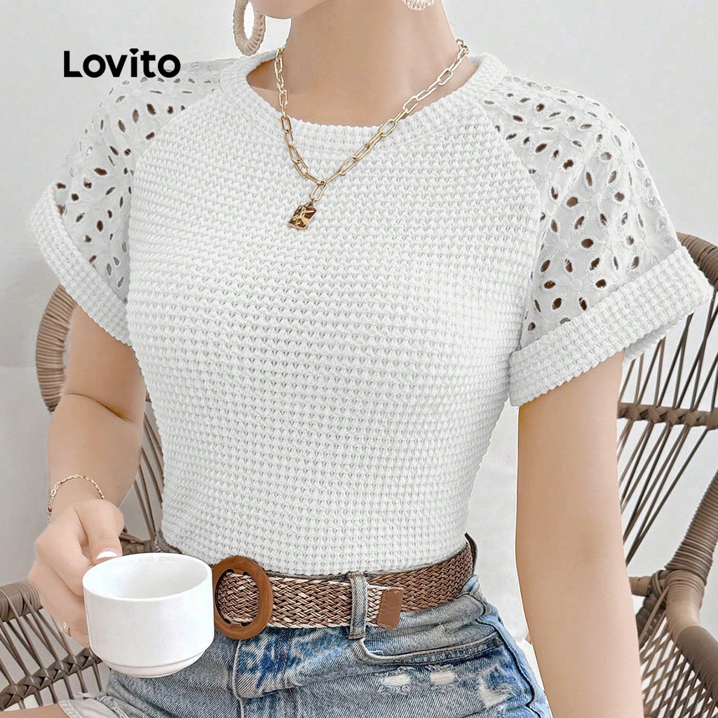 Detalhes do Lovito Camisa Casual de Manga Curta Dobrada para Primavera/verão Branca para Mulheres L149ED1183