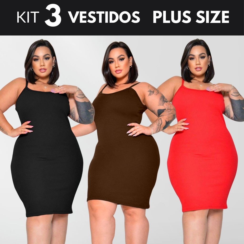 KIT 3 Vestido Feminino Vestido Midi Plus Size Vestido Canelado Vestidos Roupas Midsize Vestido Preto Tamanho 36 Ao 58