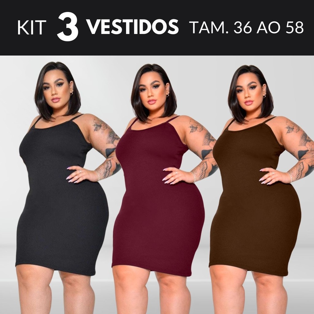 KIT 3 Vestido Midi Vestido Feminino Plus Size Vestido Canelado Vestidos Roupas Midsize Vestido Preto Tamanho 36 Ao 58