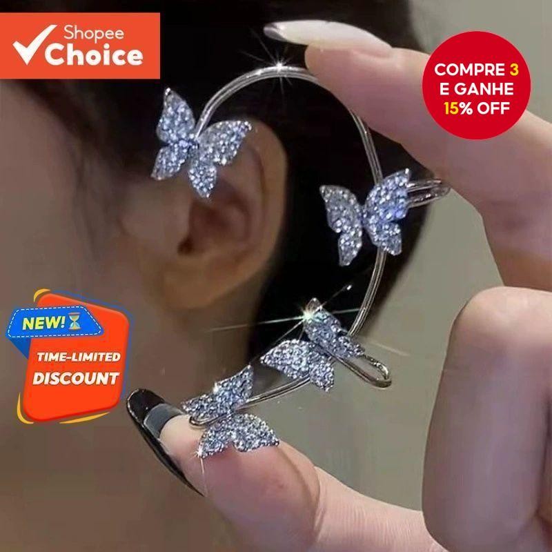 1Pc Diamante Borboleta Orelha Manguito Para Mulheres Sem Piercing Luxuoso Completo Strass Elegante Clipe Em Jóias
