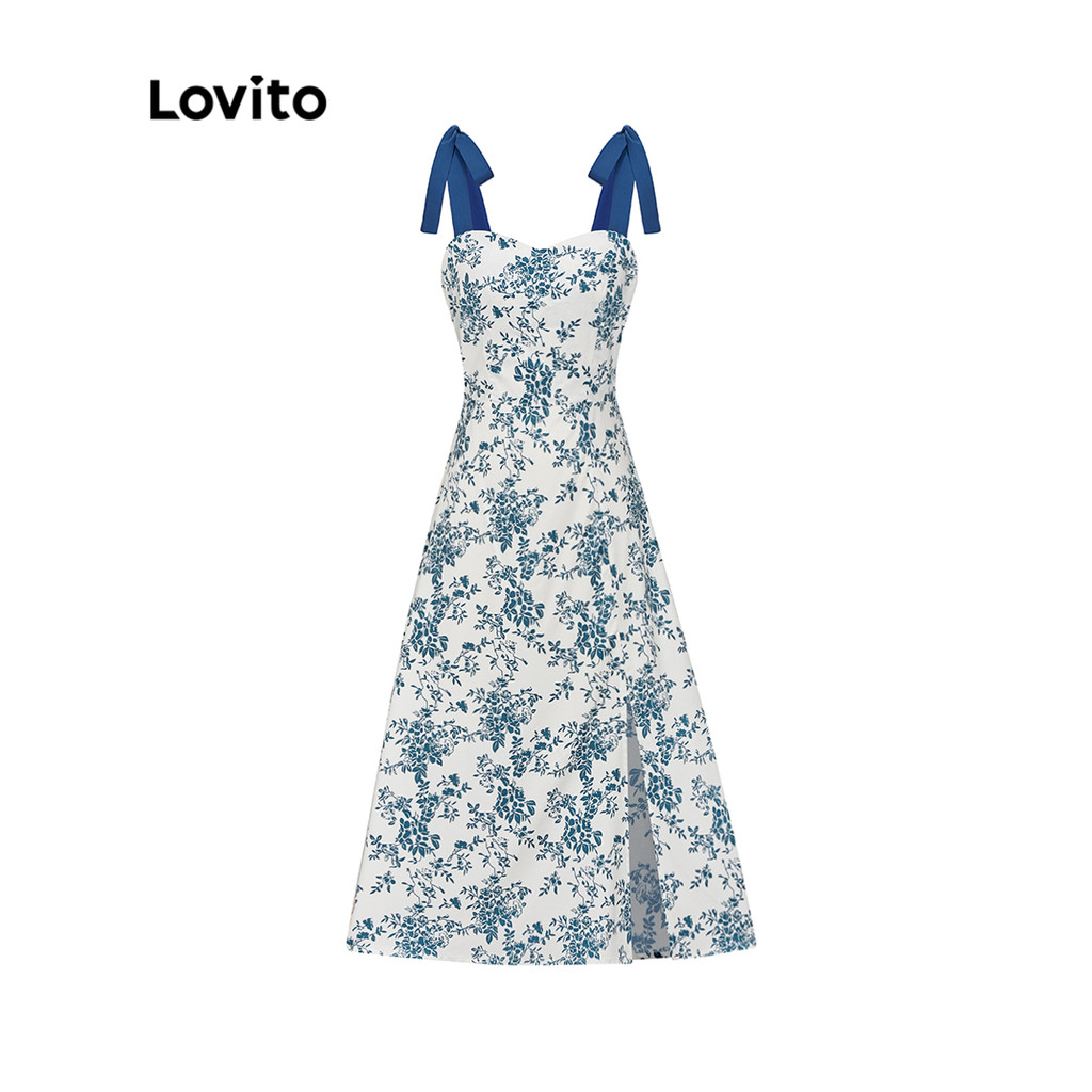 Lovito Vestido Casual Floral Contraste Linha Dividida Frente Verão/Primavera Vestido Para Mulher L56ED110