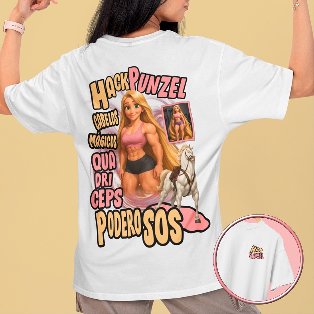 Camiseta Hackpunzel Cabelos Mágicos Quadriceps Poderosos Camisa Feminina De Treino Rapunzel Maromba