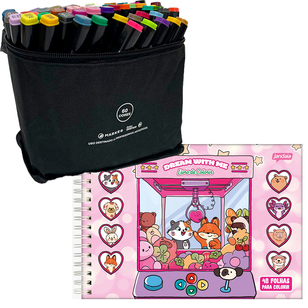 Kit Marcador 60 Cores + Livro Colorir Capa Dura Rosa em Oferta na Shopee