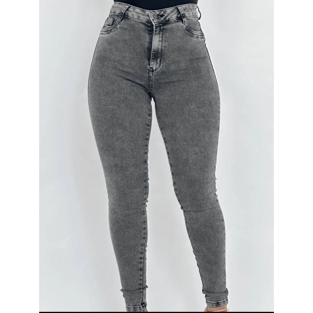 Calça Jeans Feminina Skinny Com Lycra Cintura Alta Cinza Grafit Preta Premium Cós Alto Escura em Oferta na Shopee