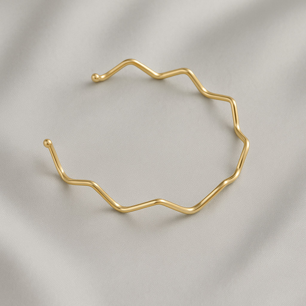 Bracelete Feminino Regulável Ondulado Minimalista 2026 Dourado com Garantia Banhado a Ouro 18k