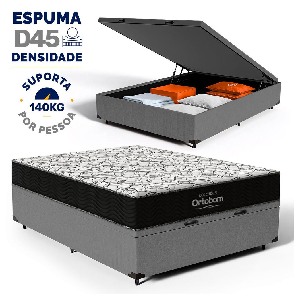 Cama Box Baú Casal com Colchão de Espuma D45 Ortobom Airtech 150 em Oferta na Shopee