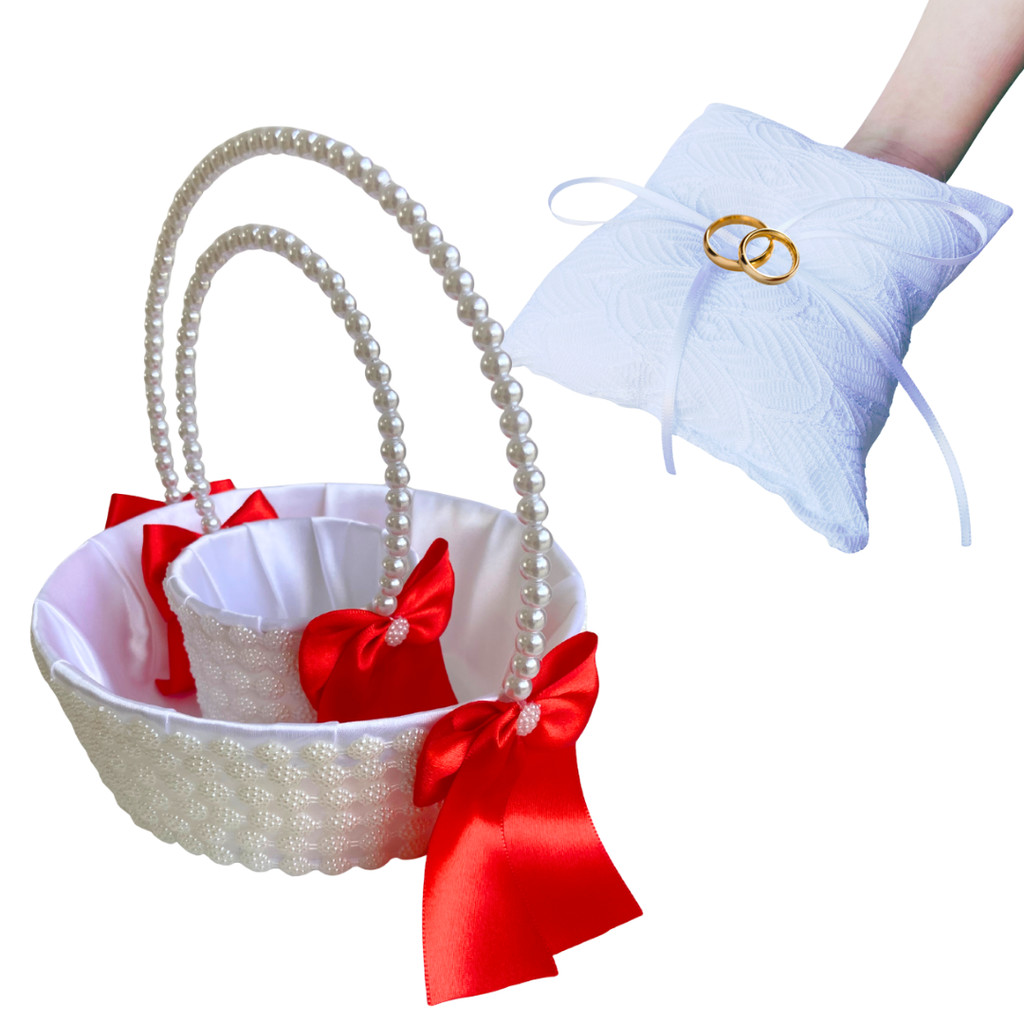Cesta Daminha Florista Pérolas + Cesta Alianças + Almofada