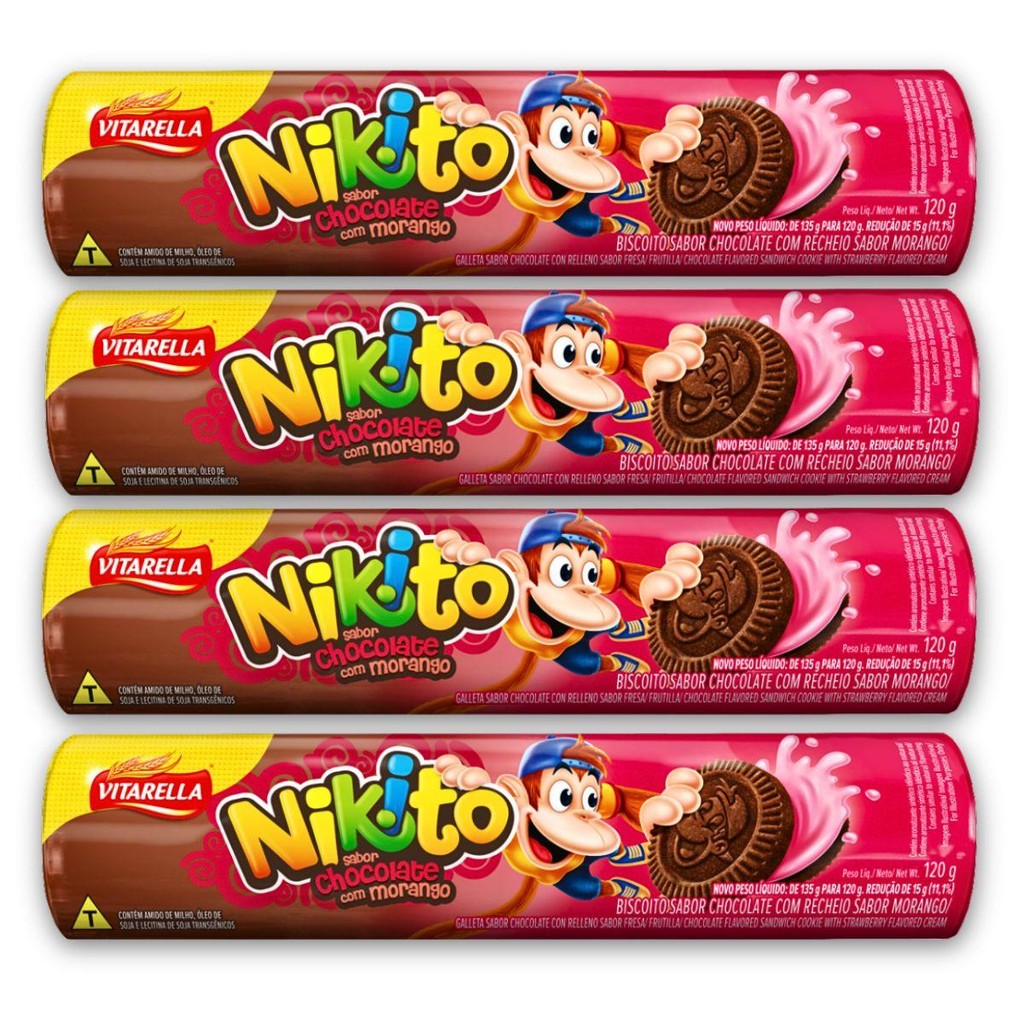 Kit 4un Biscoito Chocolate 120G Recheio Morango Vitarella Nikito