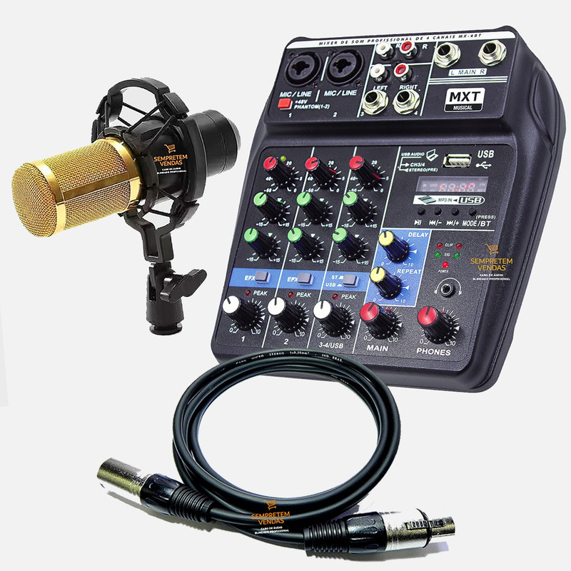 Kit Mesa De Som MXT Microfone MX-700 Cabo Áudio XLR 5 Metros