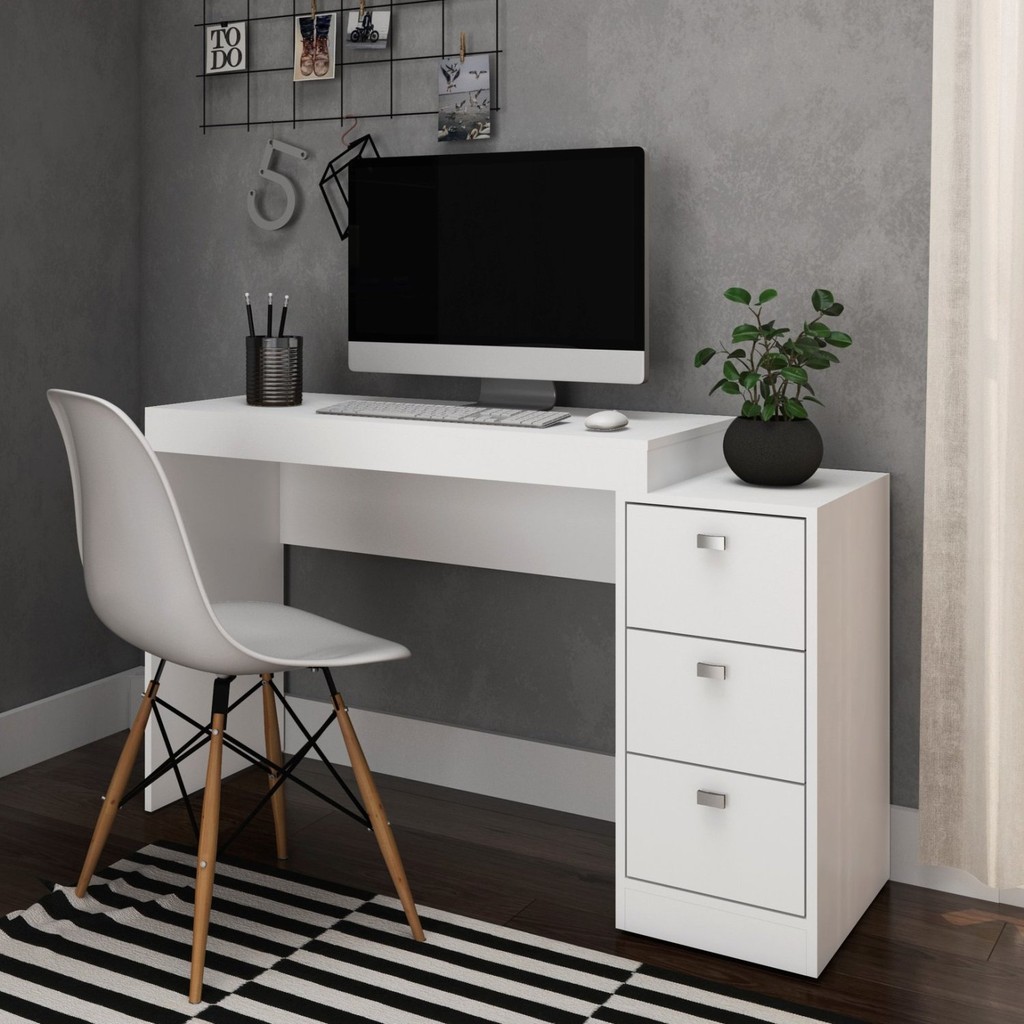 Escrivaninha Mesa Escritório 3 Gavetas 122cm ME402 Branco em Oferta na Shopee