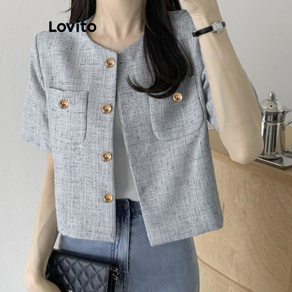 Detalhes do Lovito Blusa Feminina Casual com Bolso e Botão Metálico para Verão/Primavera LNE62083
