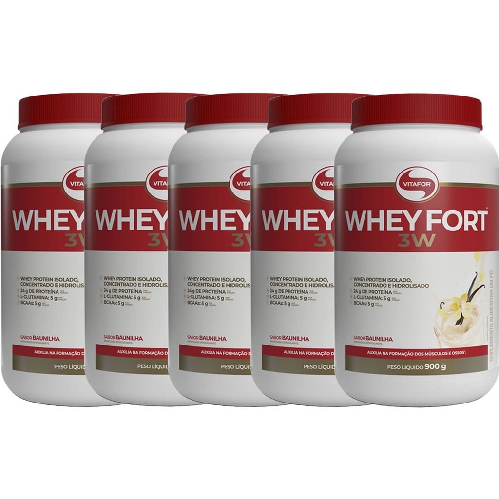 Kit 5X Whey Fort 3W - 900g Baunilha - Vitafor