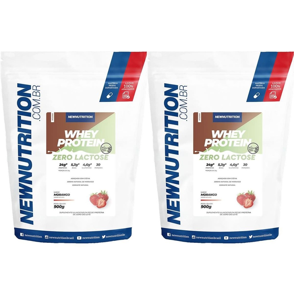 Kit 2X Whey Protein Zero Lactose All Natural - 900g Refil Morango - NewNutrition