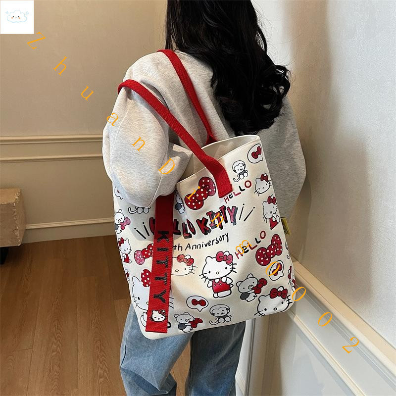 [Rhian] Sweet Cute Hello Kitty Canvas Ombro Bolsa Grande Capacidade De Viagem Portátil Studentmuter Armazenamento Presen em Oferta na Shopee