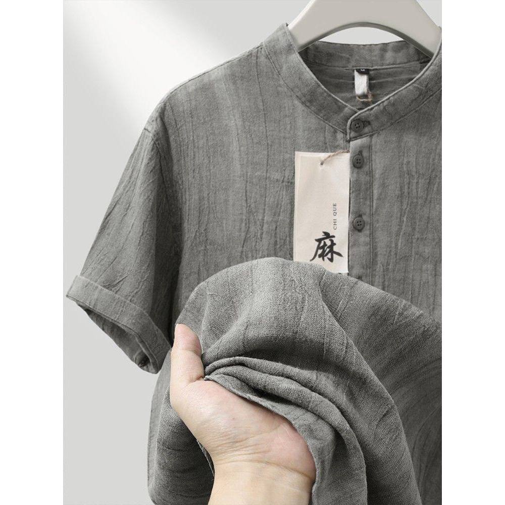 High-End linho gola alta de manga curta camiseta masculina verão fino estilo chinês solto topo Retro metade