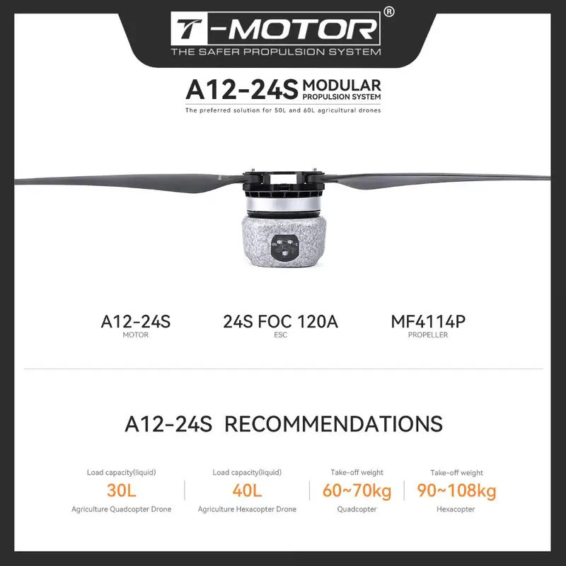 T-Motor A12-24S-KV50 Dc Sem Escova De Alto Desempenho Max.Thrust 35.6kg Para De Drone De Helicóptero Rc Agrícola