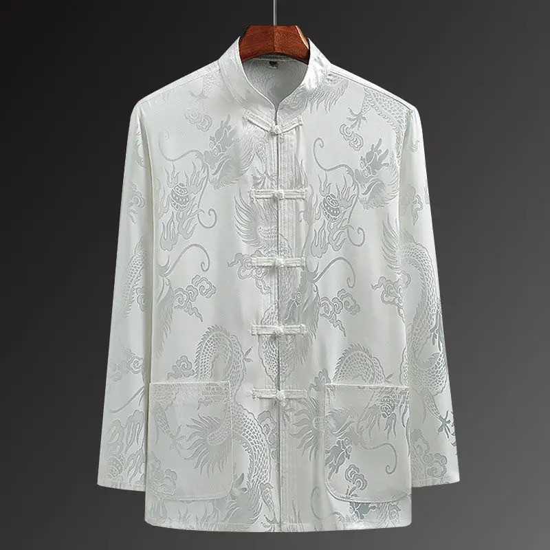 Cetim Jacquard Dragão Tang Terno Camisa Chinês Hanfu Cosplay Blusa Outono Primavera Jaqueta Fina Tradicional Qipao Topo