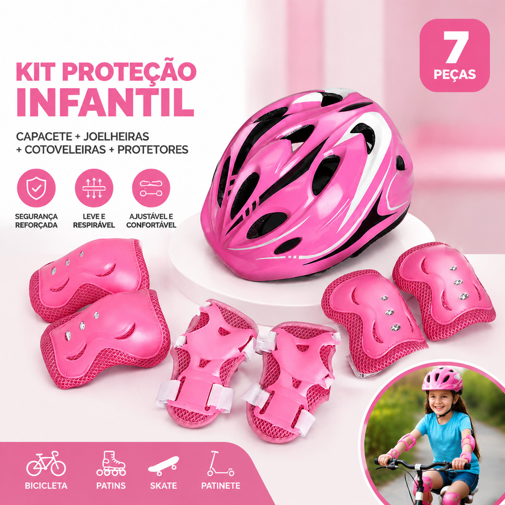 Conjunto de Proteção Infantil 7 Peças para Bicicleta e Patinete com Capacete Joelheiras e Cotoveleiras