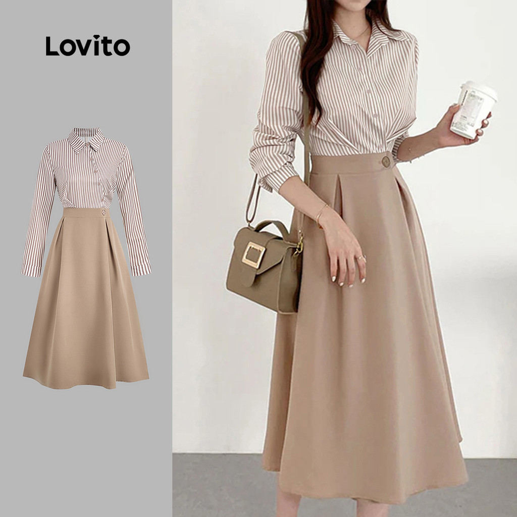 (New Arrival) Lovito Vestido Casual Assimétrico com Botão Outono/inverno Cáqui para Mulheres LBL36077