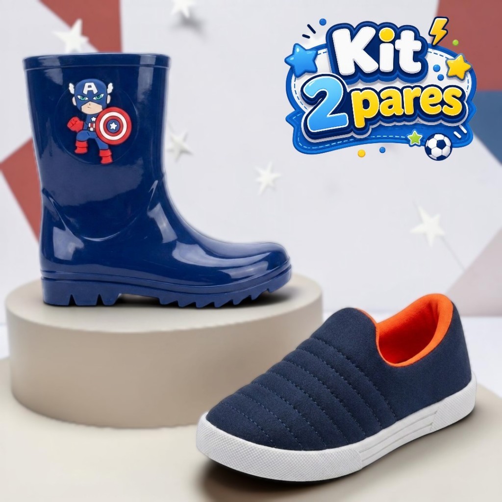 Kit 2 Pares Galocha Cano Alto e Calce Fácil Infantil Menino