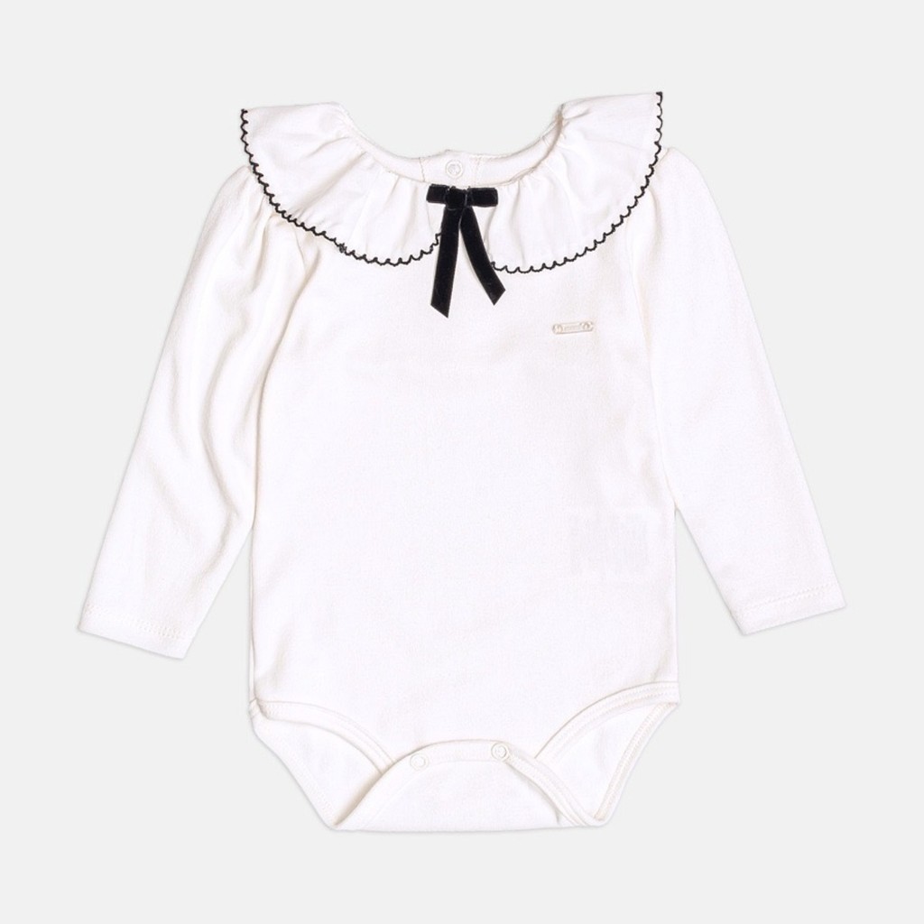 Body Manga Longa Infantil Momi Branco com Lacinho Preto