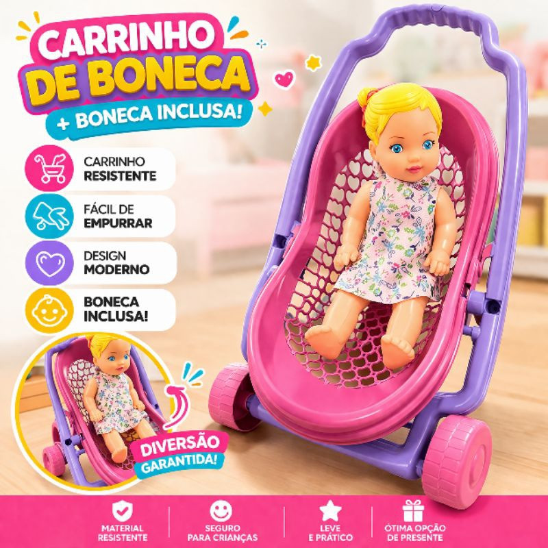 Carrinho de Boneca + Boneca Bebê  Carrinho Bebê Conforto - Brinquedo Leve 2