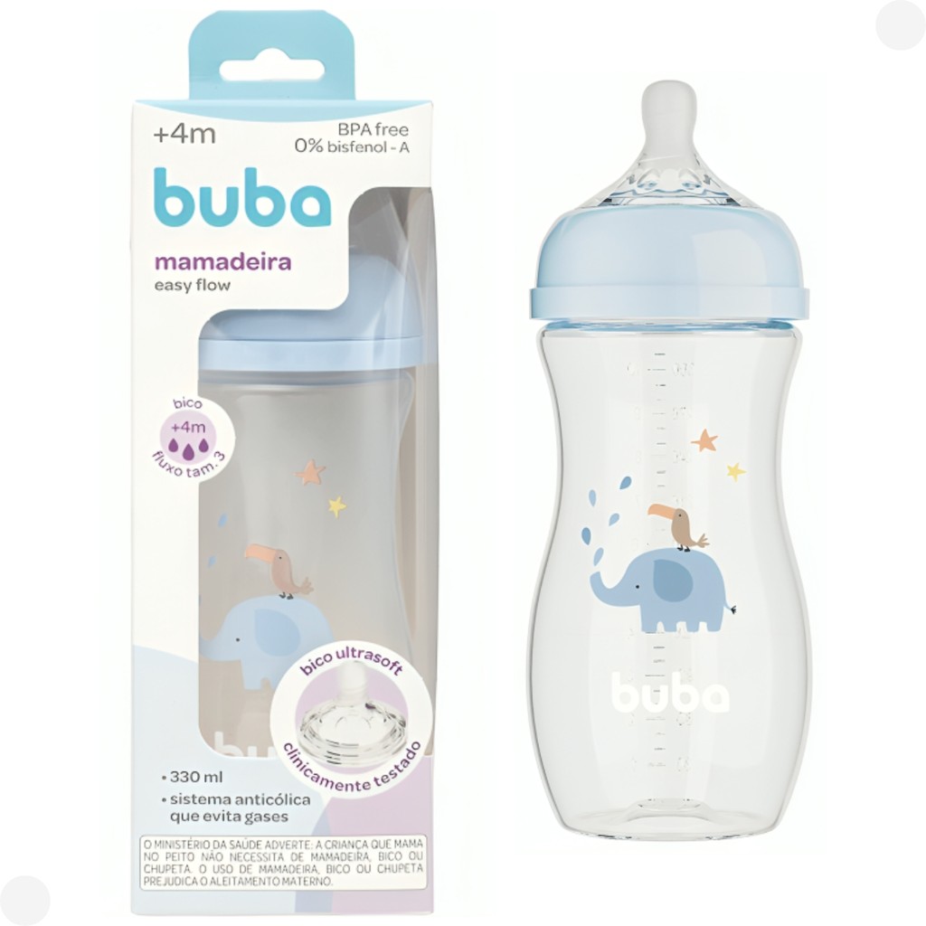 Mamadeira Easy Flow Elefantinho Azul 330ml Anticólica +4M 17254 - Buba