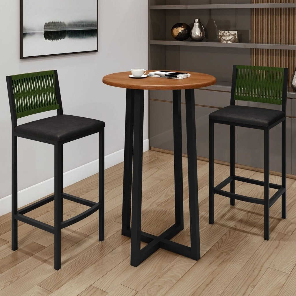 Conjunto Mesa Bistrô Tampo Madeira Maciça Coliseu com 2 Banquetas Barcelona Verde/Preto Verde/Preto