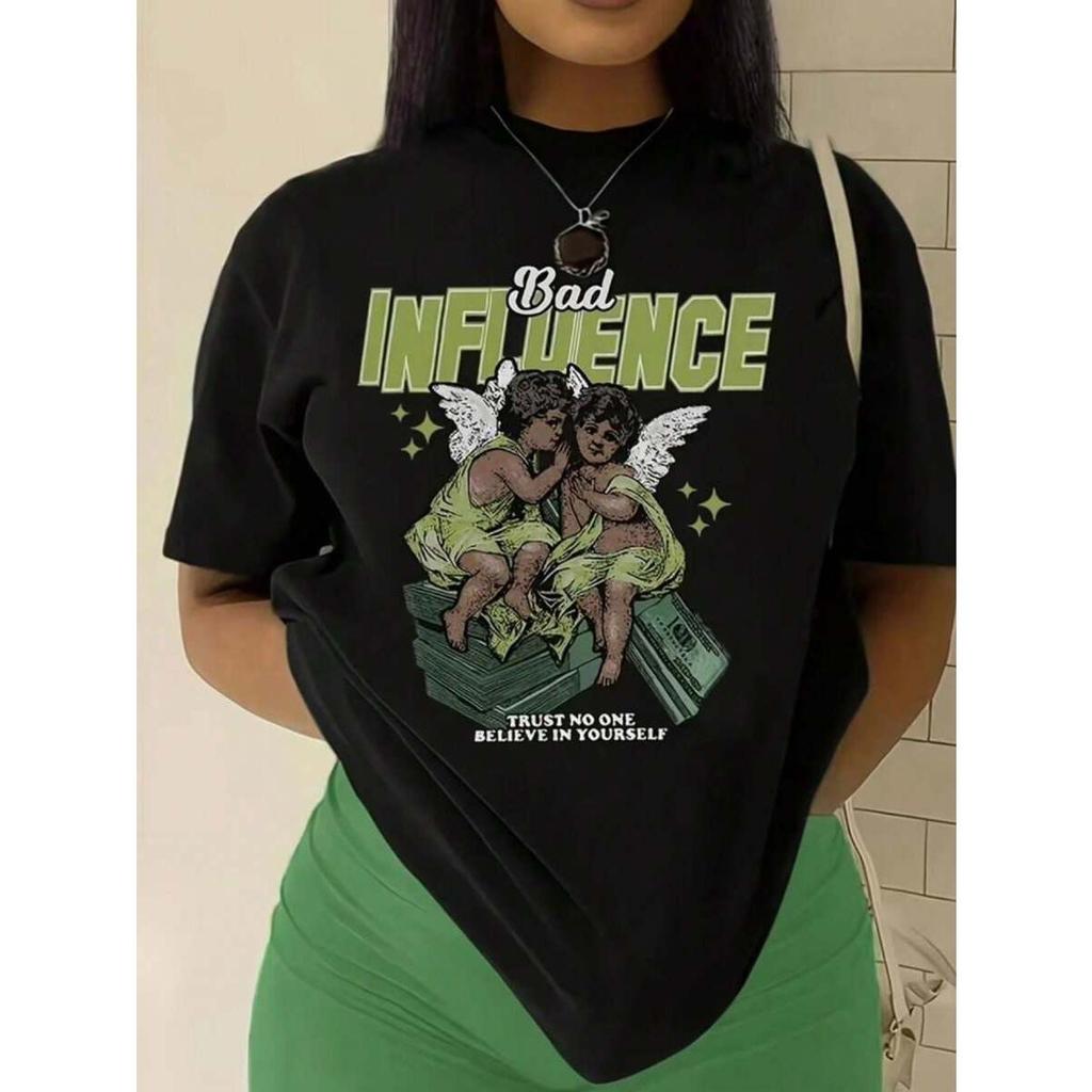 Camiseta feminina casual estilo camiseta 100% algodão confortável estampada Anjo e dinheirom blusa moderna casual
