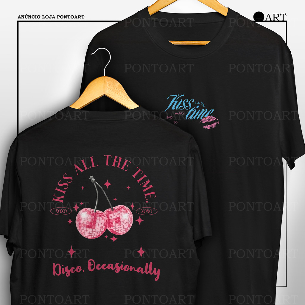 Camiseta Harry Styles Kiss All The Time Disco Accasionally Xoxo Camisa Frente E Verso 100% Algodão