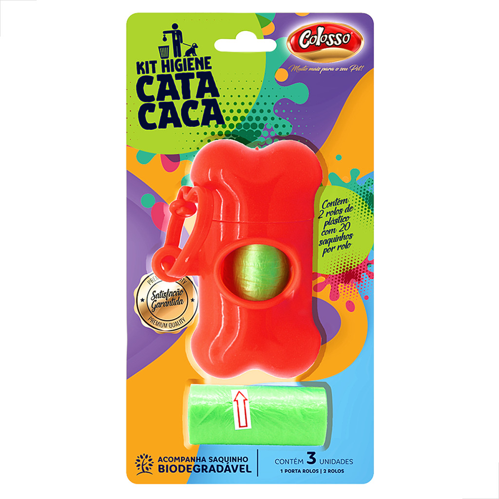 Kit Higiene Cata Caca Colosso Chaveiro Ossinho com 2 Refis Saquinhos Biodegradáveis para Cães e Gatos