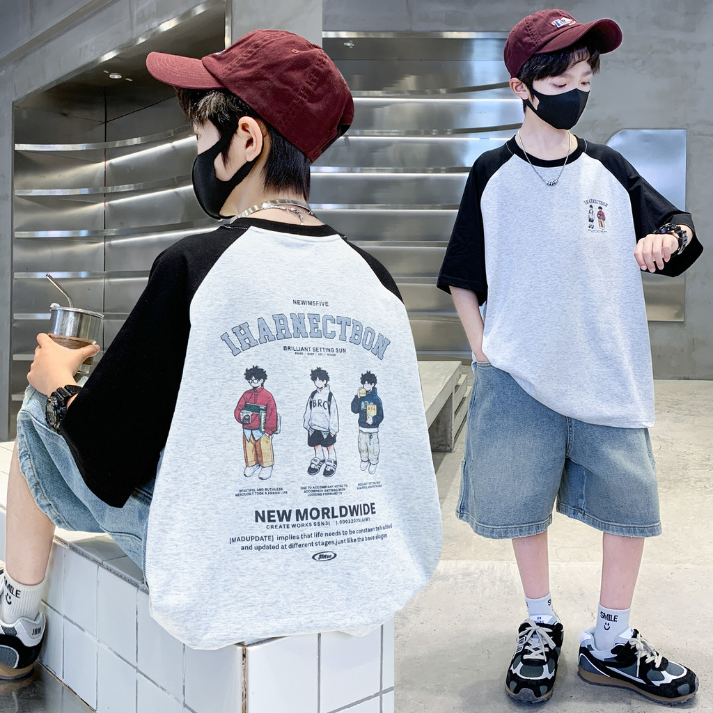 Meninos camiseta de manga curta verão novo estilo manga Raglan impresso algodão topo crianças estilo esportivo Casual bo