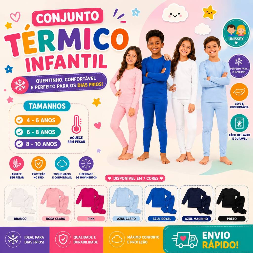 Conjunto Térmico Infantil Unissex Inverno Flanelado Segunda Pele Quentinho 4 a 10 Anos Menina Menino
